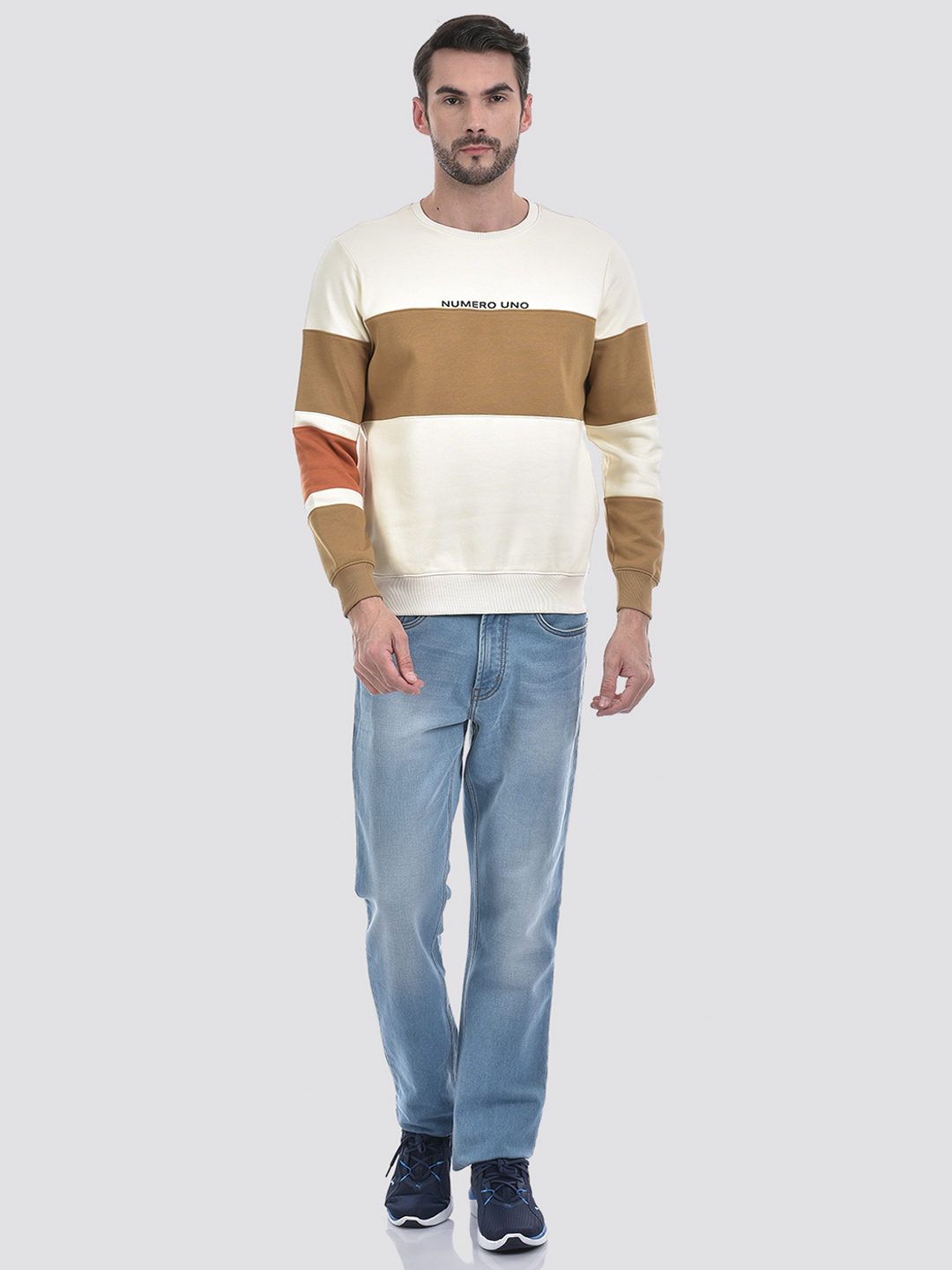 Numero Uno Men Cream Color Block Round Neck Brushed Fleece Sweatshirt